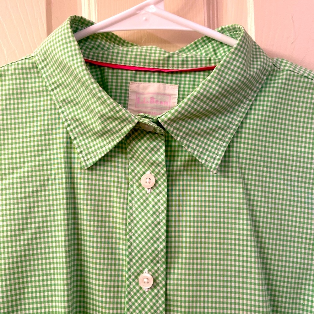 L.L. Bean Blouse Top Lime Green White Gingham Check, Fitted Long Sleeve WM SZ M